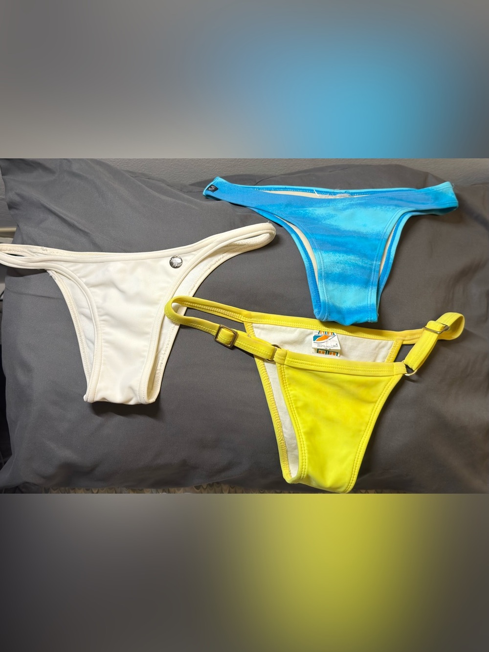 Three-Piece Women’s Bikini Bottom Set — Blue, Yellow & White